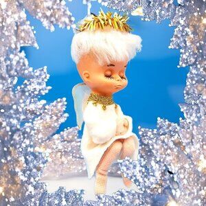 Vintage 1950s Pixie Angel Knee Hugger Ornament Felt Sleepy Eyes Tulle Wings